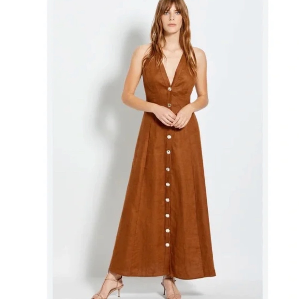 NICHOLAS Yasmine Linen Dress Brown Tobacco Maxi size 4